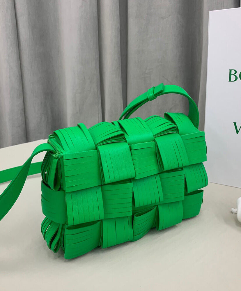 Bottega Veneta Cassette Fringed Intreccio Cross Body Bag Green